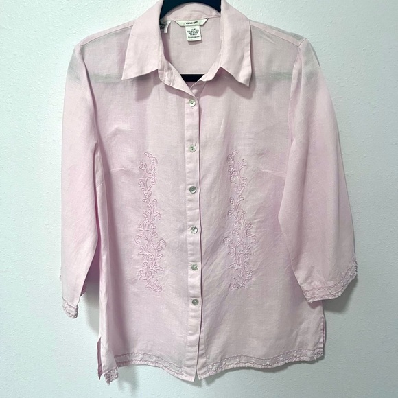 Edward Light embroidered Pink iris Linen Shirt MEDIUM - Picture 1 of 9